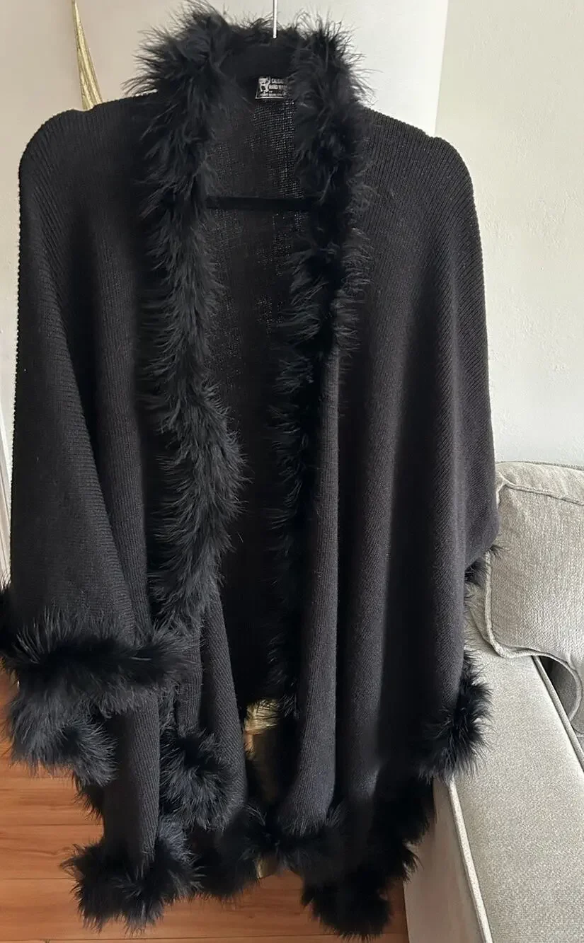 Baby Alpaca Black Shawl Cape Wrap Made In Peru Feathers Trim Size M